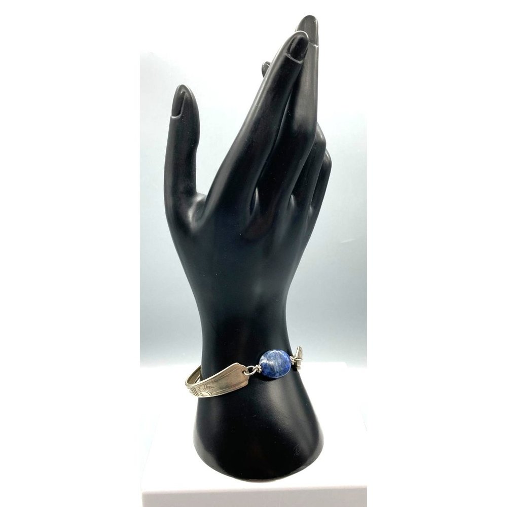 Vintage Silver Plate Utensil Bracelet with Lapis Lazuli, Upcycled Bangle